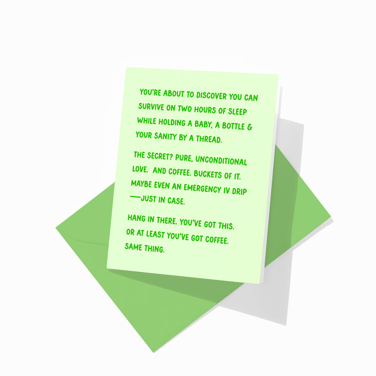 Funny new parent greeting card with colorful envelope, humorous baby congratulations card.