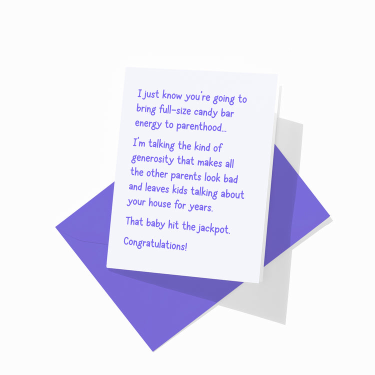 Funny new baby greeting card with colorful envelope, humorous congratulations for parents.