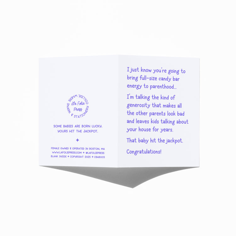 Funny new baby card front and back shown, includes extra punchline on back.