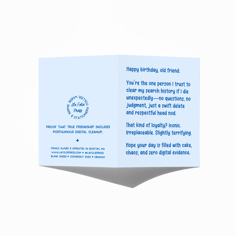 Funny birthday card showing front and back with extra punchline.