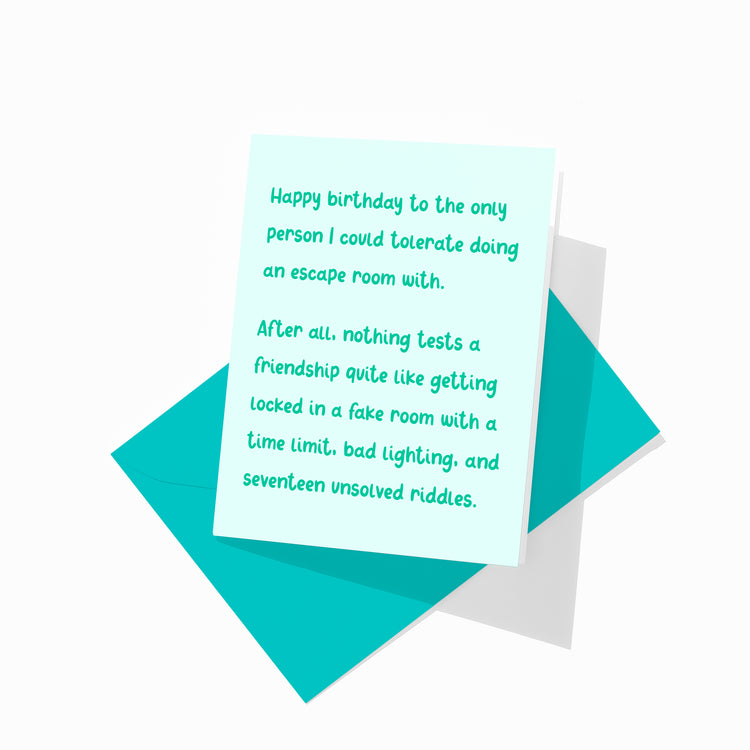 Funny birthday greeting card with colorful envelope, escape room design.