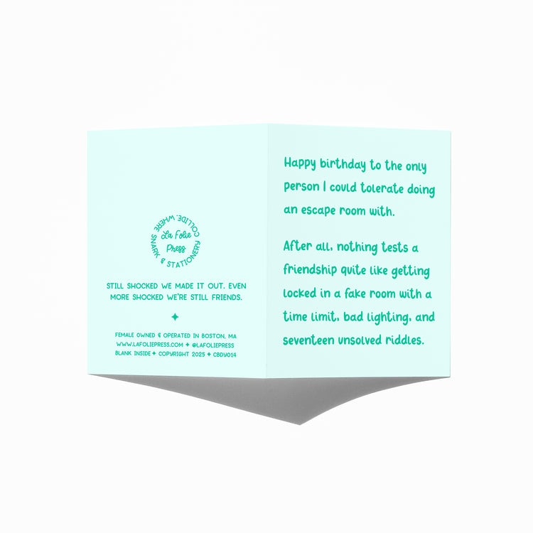 Funny birthday card showing front and back with extra punchline.