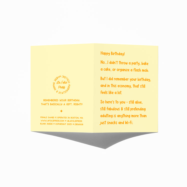 Funny birthday card showing front and back with extra punchline.
