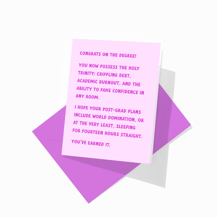 Funny graduation greeting card with colorful envelope, burnout design.