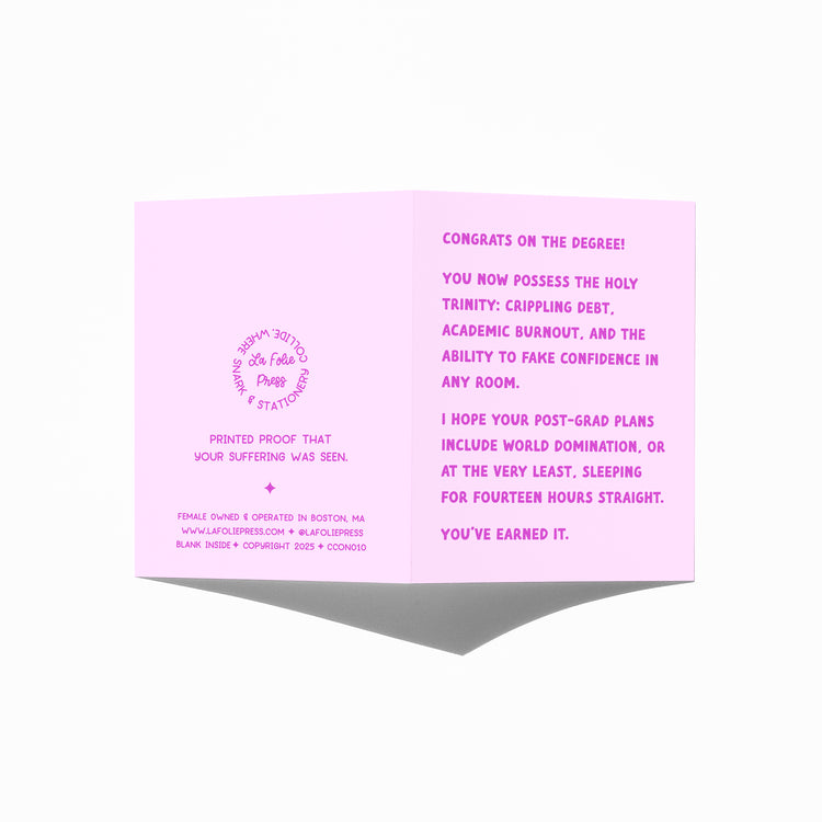 Funny graduation card showing front and back with extra punchline.