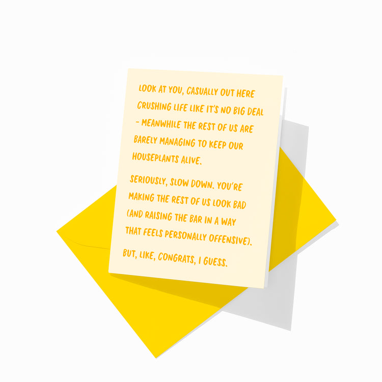 Funny congratulations greeting card with colorful envelope, achievement humor design.