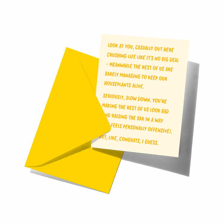 Greeting card with yellow text on a white background