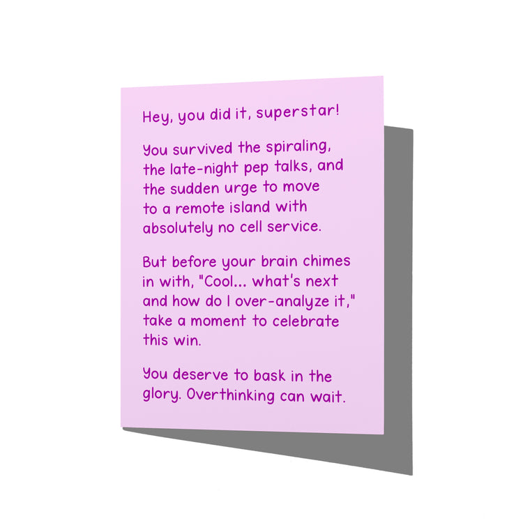 Funny congrats card with witty overthinking humor message on front, blank inside.