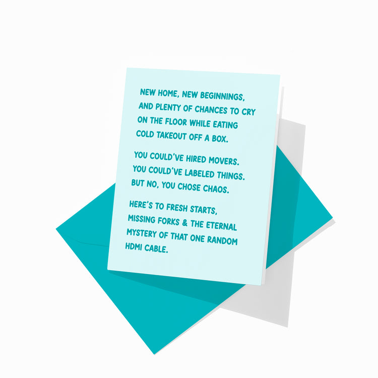 Funny housewarming greeting card with colorful envelope, boxes and regret design.