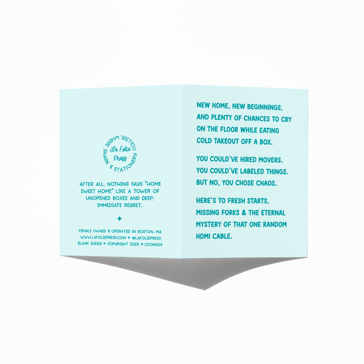 Funny new home card showing front and back with extra punchline.