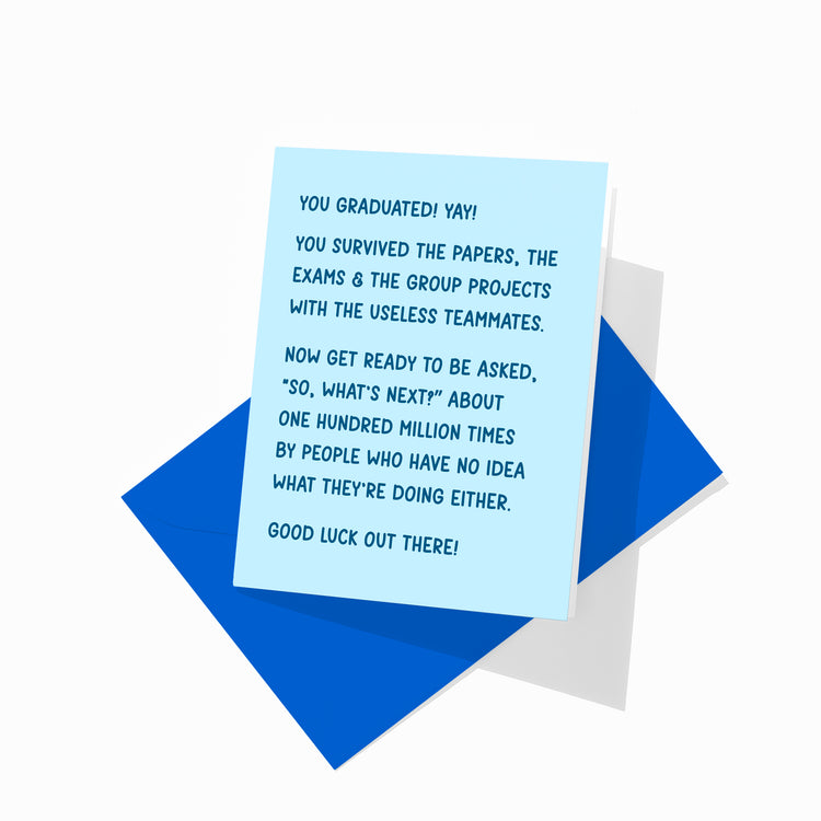 Funny graduation greeting card with colorful envelope, group project design.