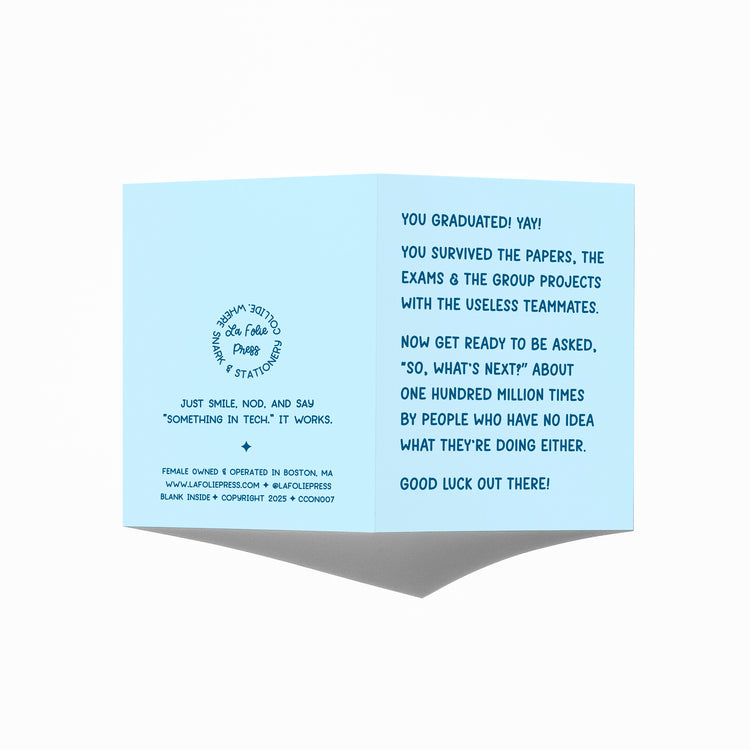 Funny graduation card showing front and back with extra punchline.