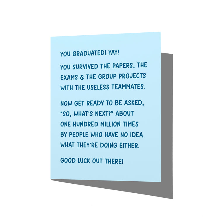 Funny graduation card with witty “something in tech” humor message on front, blank inside.