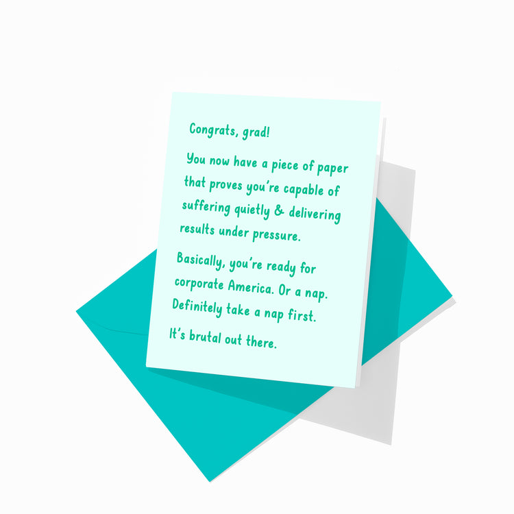 Funny graduation greeting card with colorful envelope, “brutal out there” design.