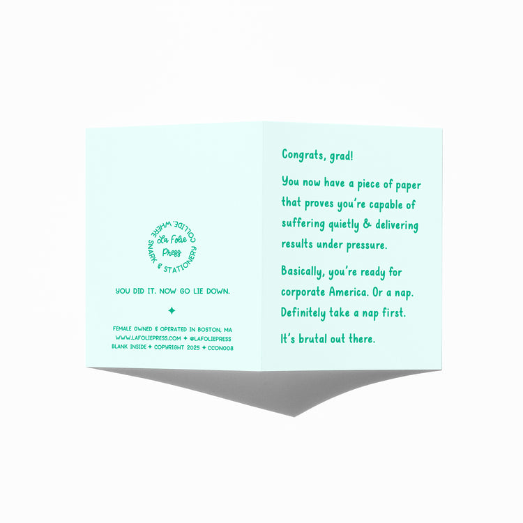 Funny graduation card showing front and back with extra punchline.