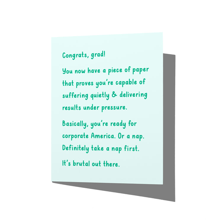 Funny graduation card with witty corporate humor message on front, blank inside.