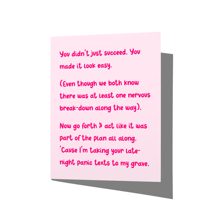 Funny congrats card with witty stick-the-landing humor message on front, blank inside.