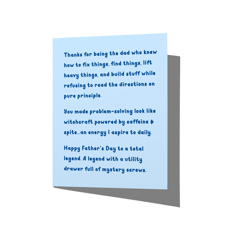 Funny Father’s Day card with witty fix-it dad humor message on front, blank inside.