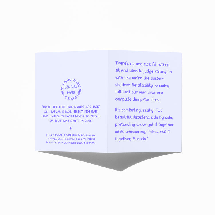 Funny friendship card showing front and back with extra punchline.