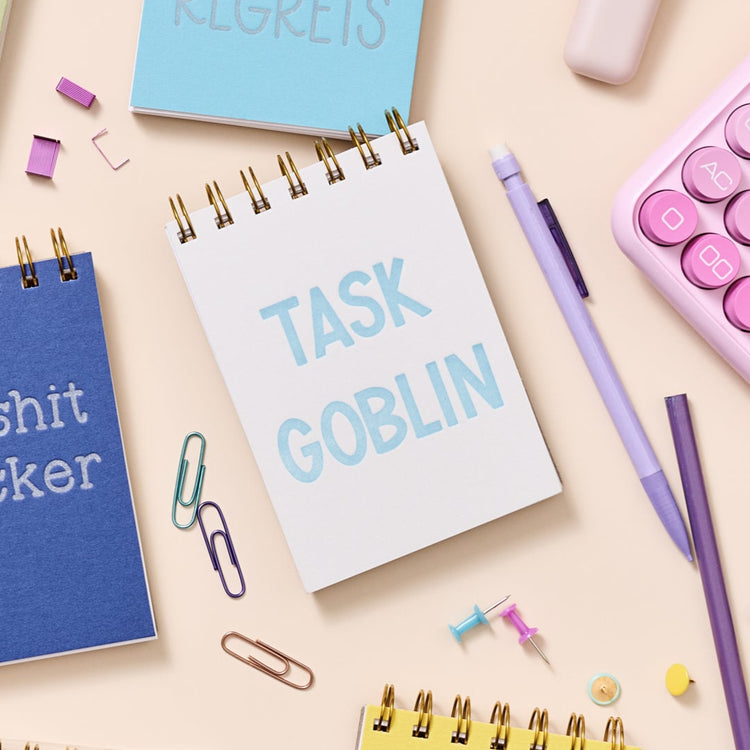 Funny pocket-sized jotter with bold blue lettering, perfect for lists and notes.