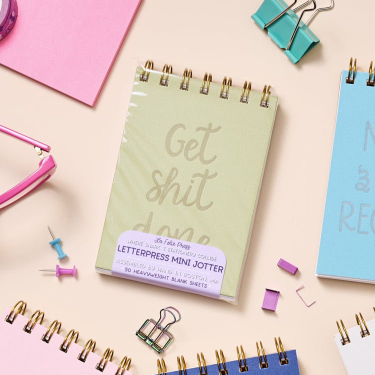 Funny pocket-sized letterpress notebook with motivational cover phrase.