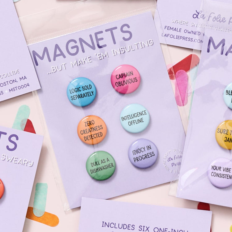 Funny insult magnets displayed on branded backing card, packaged in cello sleeve