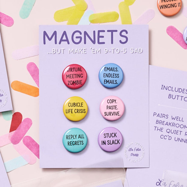 Funny office magnet set featuring sarcastic work humor sayings packaged in cello sleeve.