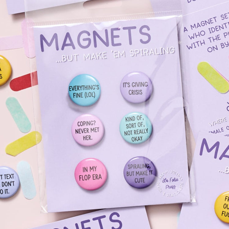 Funny anxiety-themed button magnets packaged in cello sleeve, Spiraling set
