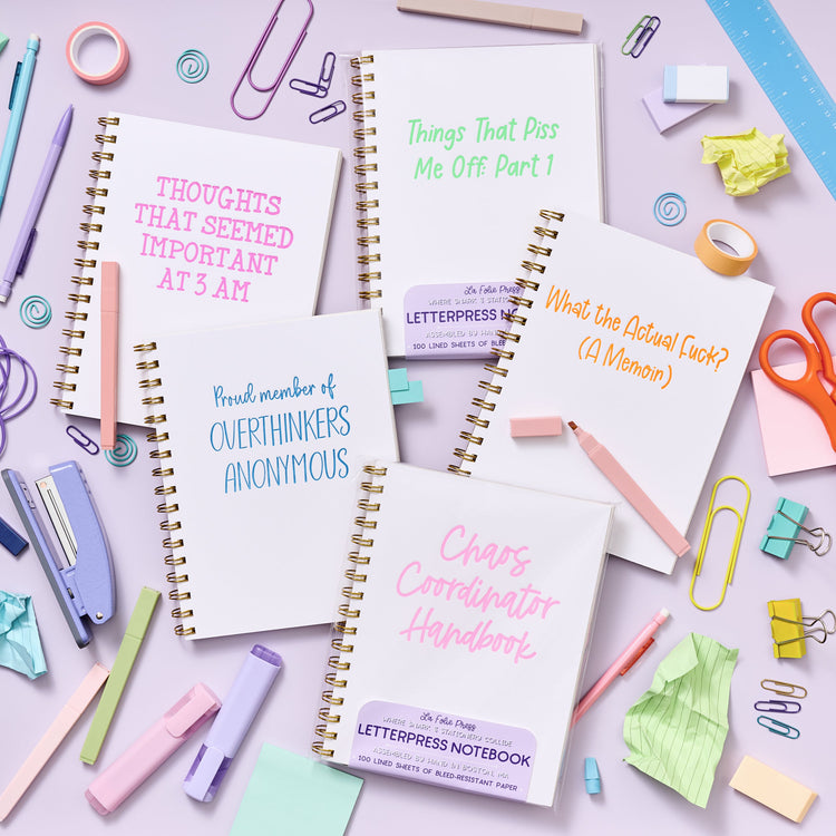 Letterpress notebooks with funny titles.