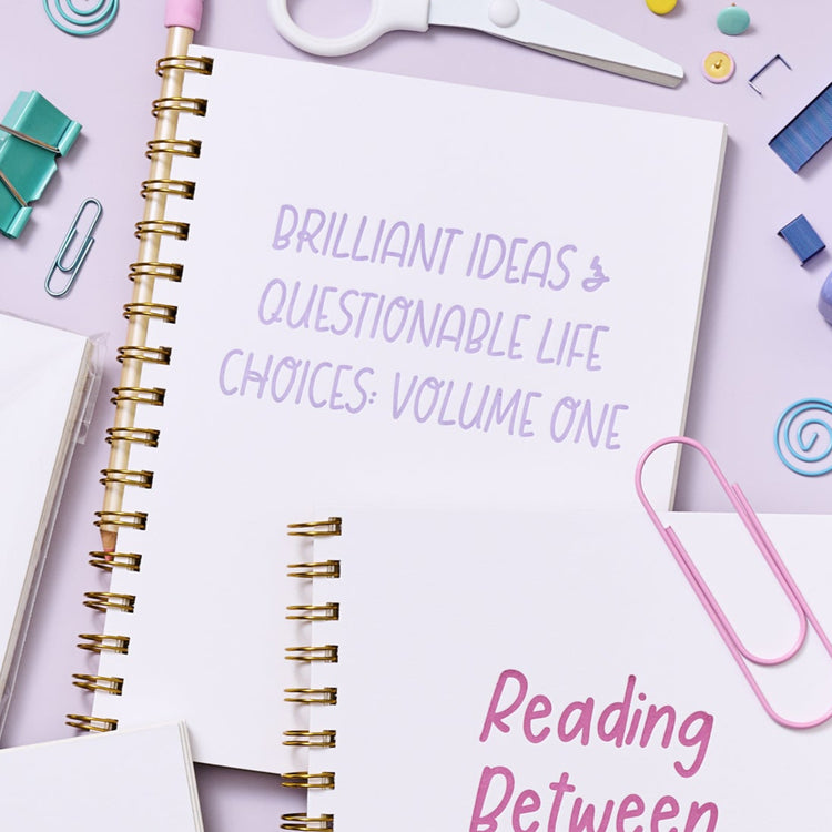 Funny and witty spiral notebook featuring phrase “Brilliant Ideas & Questionable Life Choices: Volume One.”
