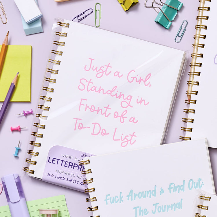 Funny spiral notebook featuring playful pink text for to-do lists and daily chaos.
