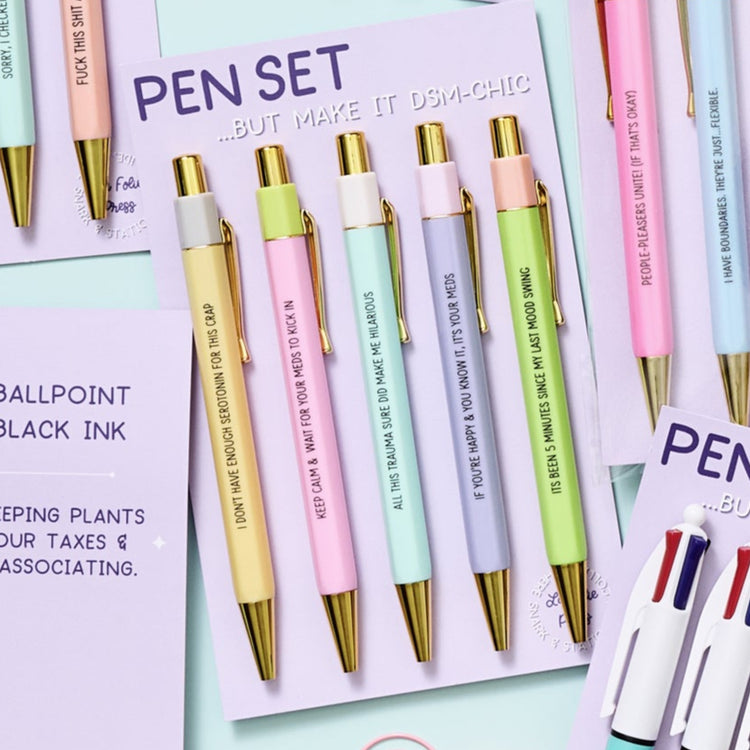 Funny ballpoint pens about therapy, meds, and mood swings, gift-ready in cello sleeve.