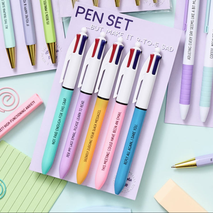 9-to-5 Sad pen set featuring multi-color click pens with snarky corporate humor, stationery gift for coworkers.