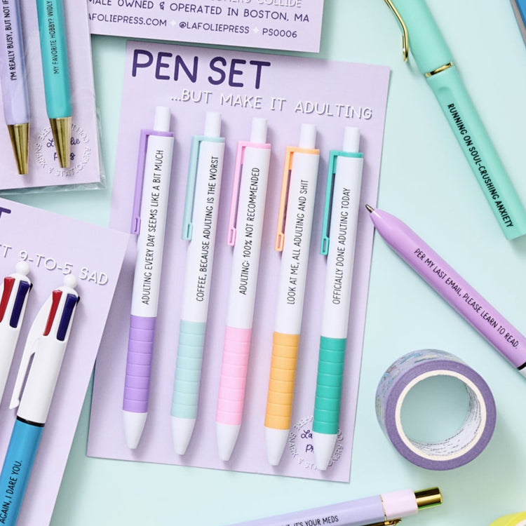 Set of pastel pens with humorous adulting phrases, stationery gift for millennials and overworked adults.