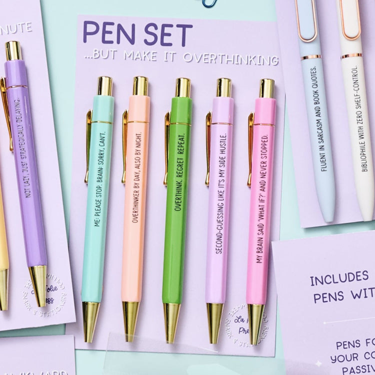 Overthinking pen set featuring pastel ballpoint pens with snarky phrases, black ink, stationery gift for anxious minds.