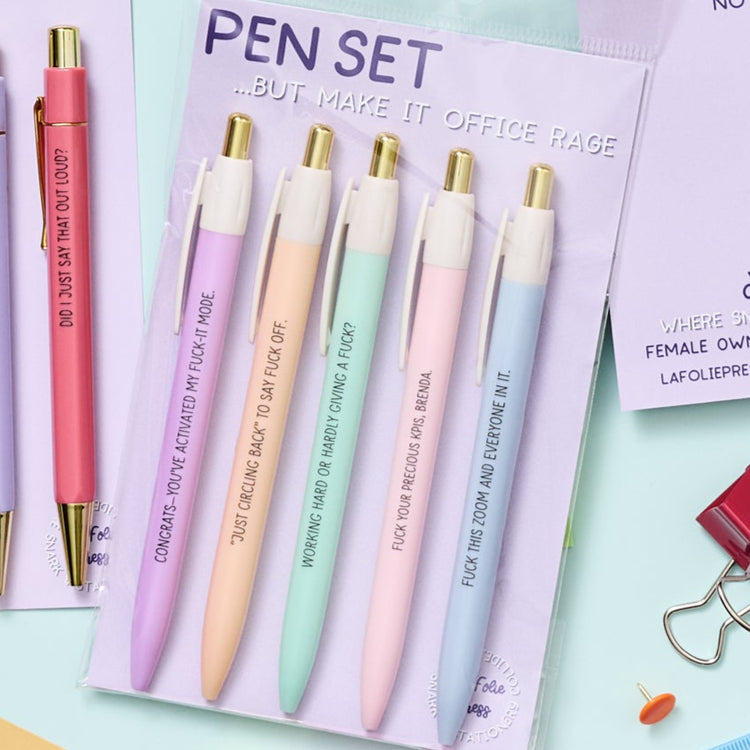 Funny office rage pen set packaged on backing card with sarcastic phrases