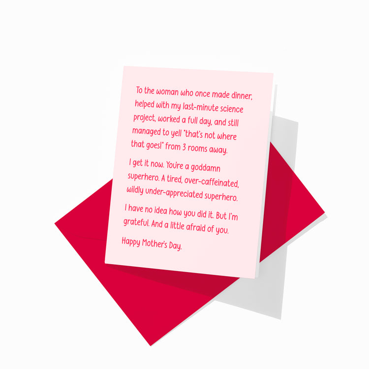 Funny Mother’s Day greeting card with colorful envelope, superhero mom design.