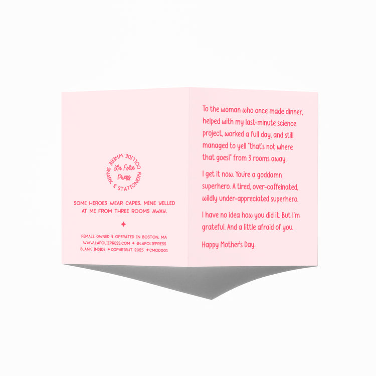 Funny Mother’s Day card showing front and back with extra punchline.
