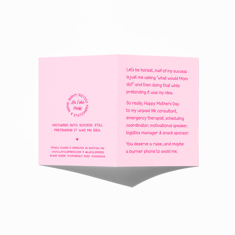 Funny Mother’s Day card showing front and back with extra punchline.