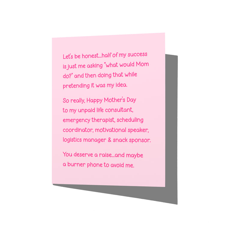 Funny Mother’s Day card with witty life consultant humor message on front, blank inside.