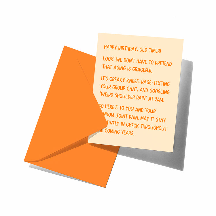 Greeting card with humorous birthday message on a white background