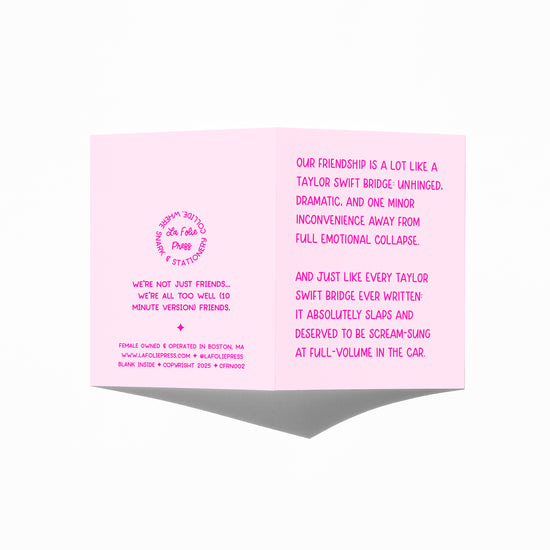 Funny friendship card showing front and back with extra punchline.