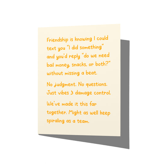 Funny friendship card with witty ride-or-die humor message on front, blank inside.