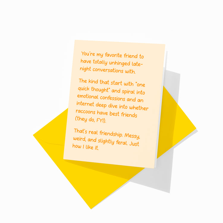 Funny friendship greeting card with colorful envelope, unhinged best friend design.
