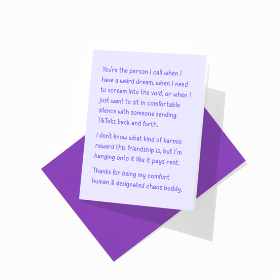 Funny friendship greeting card with colorful envelope, comfort human design.