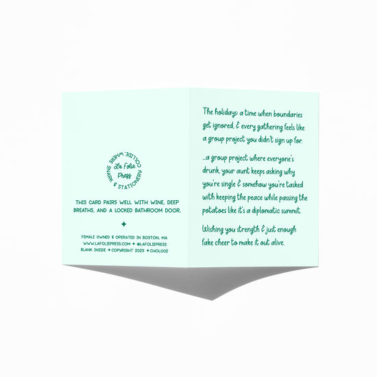 Funny holiday card showing front and back with extra punchline.