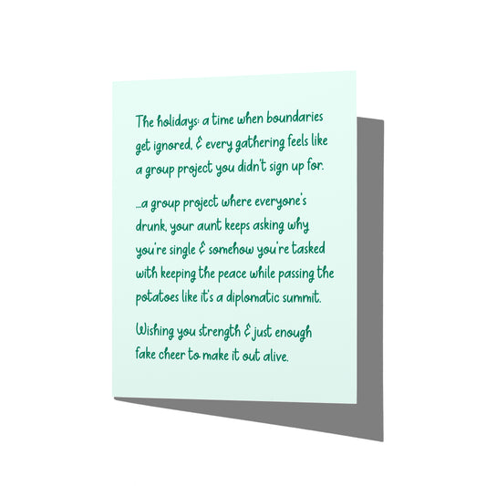 Funny holiday card with witty dysfunctional family humor message on front, blank inside.