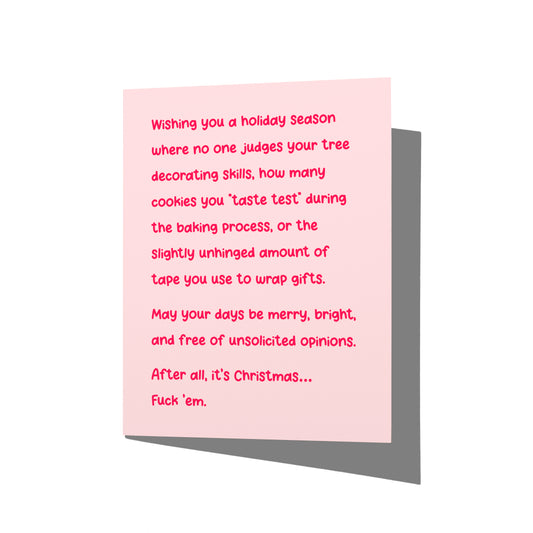 Funny Christmas card with witty holiday humor message on front, blank inside.