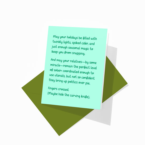 Funny Christmas greeting card with colorful envelope, politics-over-pie design.