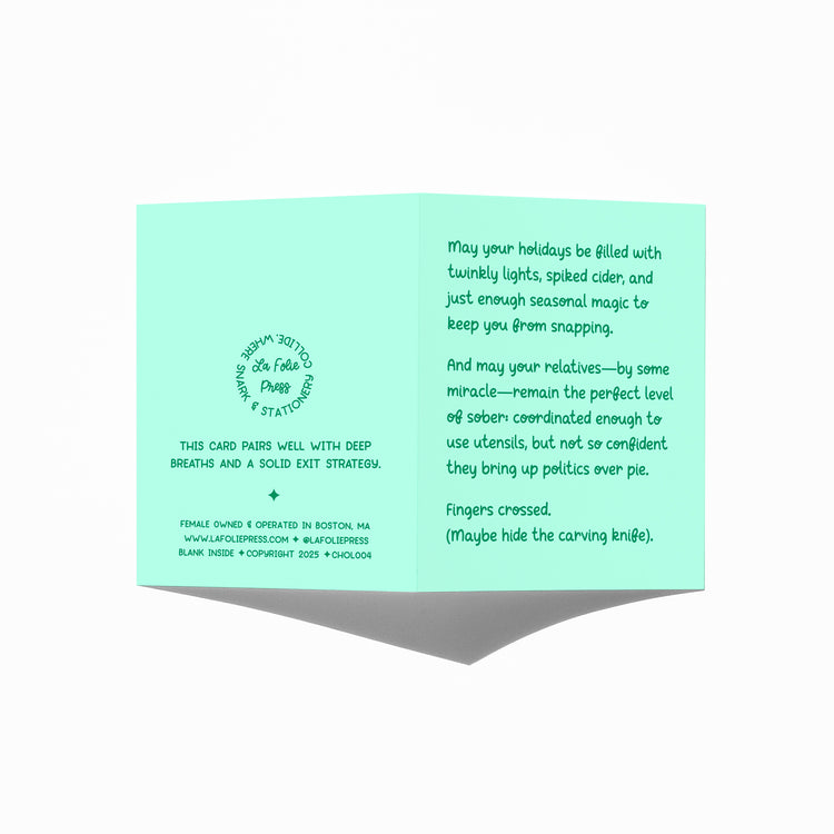 Funny holiday card showing front and back with extra punchline.